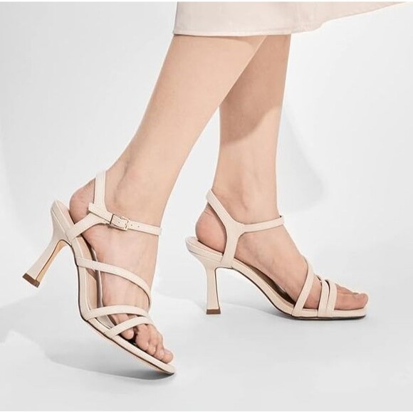 Women’s Stiletto Heels Sparkle Square Toe Ankle Strap Sandals Shoes Beige 8 - Picture 3 of 10